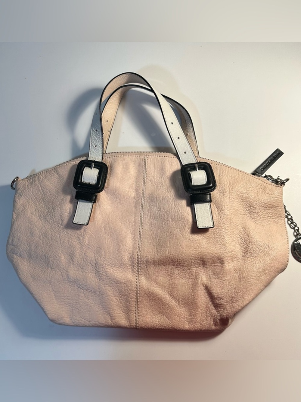 Charles Jourdan Blush Pink Satchel with Black-and-White Strap Accents